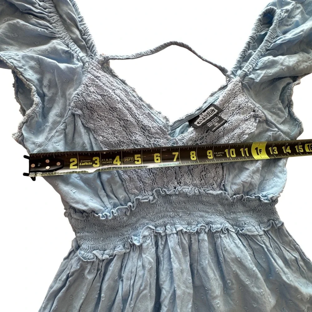Y2K Angie Mini Dress Womens M Blue Swiss Dot Smocked Waist Lace Trim Boho Whimsy - Picture 7 of 9